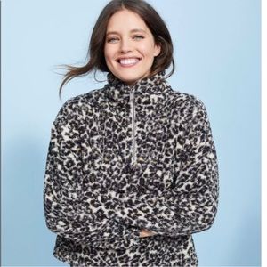 LOFT Leopard Print Sherpa Zip 3/4 zip pullover sweater medium